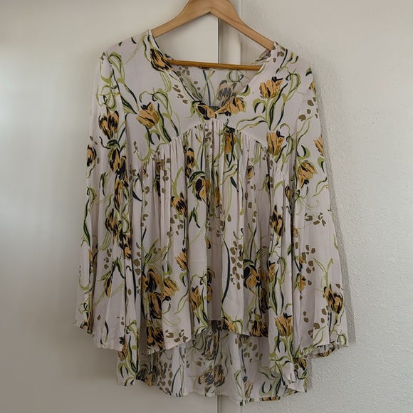 Free People Bella Floral Tunic Top Long Sleeve V Neck Ivory‎ Yellow Size Small - Picture 9 of 9